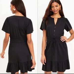 LOFT Black Button-Front Drawstring Mini Dress